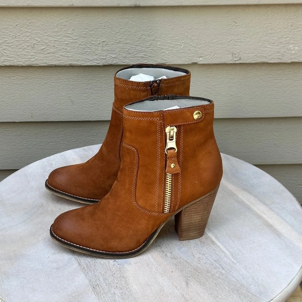 Aldo Olenalla Cognac Brown Leather Ankle Boots Block Heel Gold Zip Women 8.5 39 - Picture 3 of 14